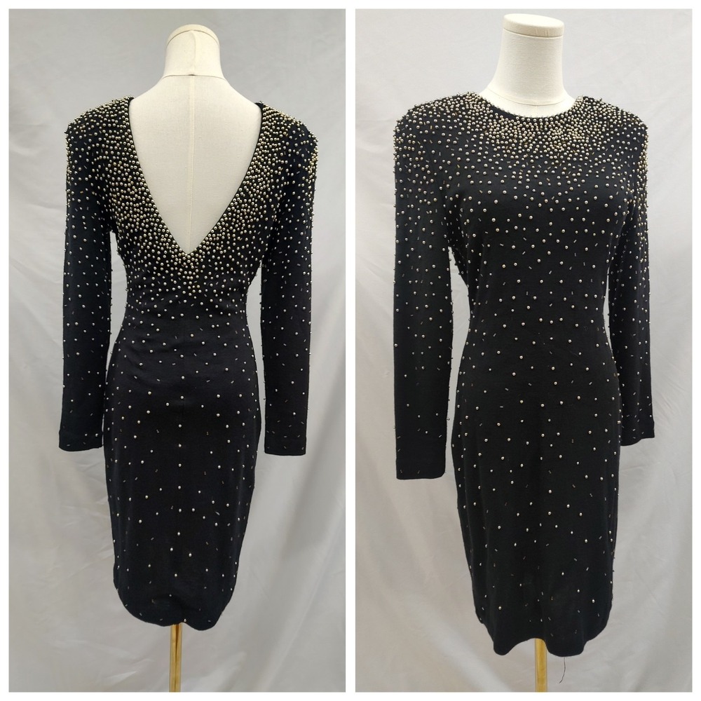 Vintage 80's ET AL Dress Black Sweater Gold Beaded V Back Bodycon Long Sleeve 4